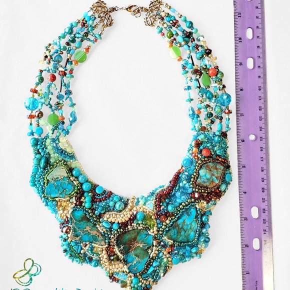 Turquoise Beaded Embroidery Statement Free-form Bib Necklace, Handmade Jewelry - Picture 2 of 10